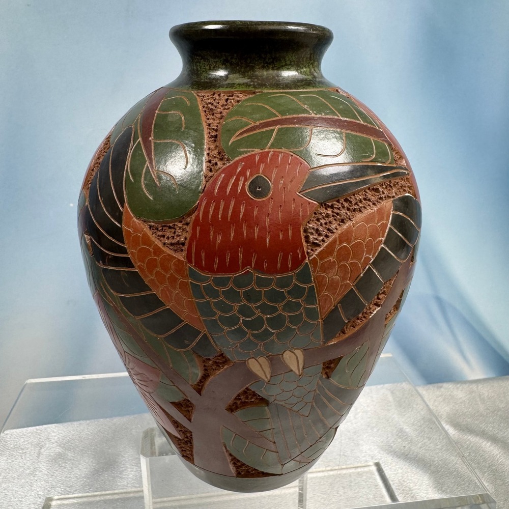 Hand Carved Nicaragua Hummingbird Pottery Vase 6.5" Terracotta Folk Art Decor
